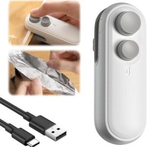Mini Bag Sealer, 2025 Upgraded 2 in 1 Mini Bag Sealer with Cutter and Magnet, Rechargeable Mini Bags Sealer Portable Resealer Machine for Snack Plastic Bags Food Storage Travel (1, White)