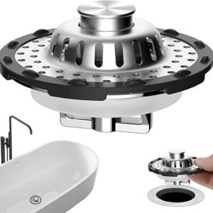 Universal Bathtub Drain Stopper Shower Drain Hair Catcher, Tub Stopper with Visible Top Strainer, Upgraded 3 in 1 Pop-up Drain Plug Fit for 1.5 to 2.4" Hole, Stainless Steel Filter Basket, Chrome