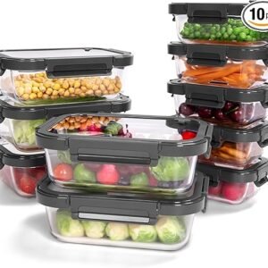 10-Pack Glass Food Storage Containers with Tempered Lids – Borosilicate, Airtight, Oven-Safe (-4°F~950°F), BPA-Free, 4.4 & 1.6 Cup, Leak-Proof, Dishwasher Safe (Gray)