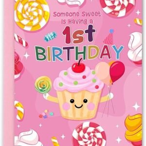 st Birthday Card for Girl,1 Year Old Birthday Gifts,Cupcake and Candy First Bday Decorations for Her