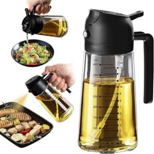 TrendPlain 16oz/470ml Glass Olive Oil Sprayer for Cooking – 2 in 1 Olive Oil Dispenser Bottle for Kitchen Gadgets and Air Fryer Accessories, Salad, BBQ - Black