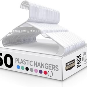 Utopia Home - Plastic Hangers 50 Pack - Space Saving Clothes Hanger - Durable and Strong Closet Organizers and Storage Makes It Ideal Stocking Stuffers or Apartment or Dorm Room Essentials (White)