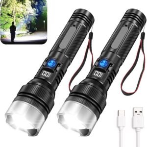 Flashlight with 10000 Lumens, Type-C Fast Charging & 16-Hour Runtime, 3 Modes, Telescopic Zoom, Waterproof, Compact Handheld Flashlight for Camping, Hiking, Hurricane Prep (2-Pack)