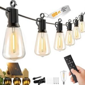 100FT Solar String Lights Outdoor Waterproof with Remote, 31+1 LED Shatterproof Bulbs, Dimmable & Timable, 3 Light Modes - Commercial Grade Patio Lights for Garden Backyard Party Decor