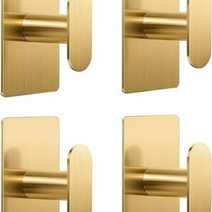 pickpiff Adhesive Towel Hooks for Bathroom: 20LB Extra Strong Wall Hanger for Shower Kitchen RV Dorm Apartment, Gold 4 Pack