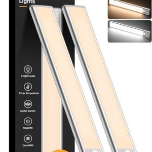 Gritin 10.2inch Under Cabinet Lighting Rechargeable -84 LED Super Bright,3-Color& 5 Level Brightness,4 Modes,Motion Sensor,Long Lasting- Easy Installation Magnetic Under Cabinet Closet Lights -2 Pack