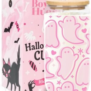 Halloween Gifts Boo Basket Stuffers for Women Girls Teens Kids - Cute Pink Halloween Ghost Cups - 16oz Glass Tumbler w/Lid and Straw - Teen Girl Gifts Trendy Spooky Stuffs