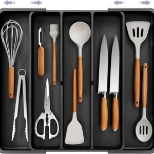 Kitsure Expandable Silverware Organizer – Large Utensil Drawer Kitchen Organization with 5 Compartments, Easy-Clean, Home & Apartment Essentials, Black, 13.6" x 1.4"x 11.0"~19.9"
