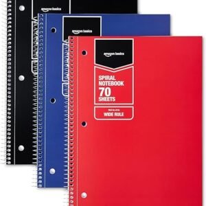 Amazon Basics Wide Ruled Spiral Notebook, 70 Sheets, 7-1/2" x 10-1/2", 3 pack, Assorted Primary Solid Colors