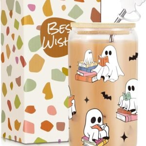 Ghost Reader Halloween Cup, Cute Spooky Gifts for Book Lovers Women, 16 oz Iced Coffee Tumbler Cup w/Lids Straws, Book Themed Bookworm Librarian Bookish Reading Halloween Gifts Boo Basket Gift