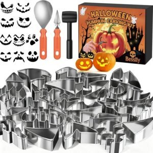 33PCS Halloween Pumpkin Carving Kit, 20 PCS Stainless Steel Professional Pumpkin Carving Stencils, 3 Durable Pumpkins Carving Tools, 10 Stickers for Kids Adults Halloween Decorations Safe Easy Fun