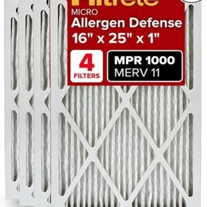 Filtrete 16x25x1 AC Furnace Air Filter, MERV 11, MPR 1000, Micro Allergen Defense, 3-Month Pleated 1-Inch Electrostatic Air Cleaning Filter, 4 Pack (Actual Size 15.69 x 24.69 x 0.81 in)
