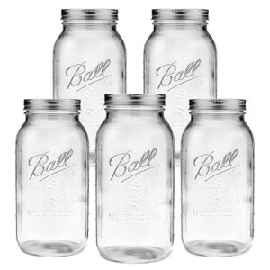 Ball - 64oz Wide Mouth Jars with Lids & Bands 5 Pack Jars | Half Gallon Large Glass Mason Jar for Food Storage with airtight Lid, 0.5 Gallon Glass Jar with Lid and Bands, Set of 5