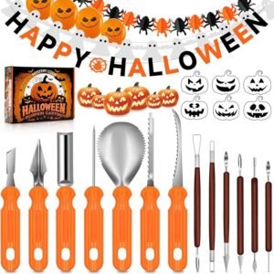 Halloween Pumpkin Carving Kit - 30-Piece Stainless Steel Pumpkin Carving Tools Set with Stencils & Banner Balloons, Jack-O'-Lantern Decorating Kits for Kids & Adults
