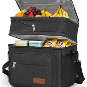 HOTOR Lunch Box for Men & Women - Double-Layer Insulated Lunch Bag with Leakproof Liner, Portable Cooler for Work, Travel, or Picnic, Black, 12L, 11.1" x 9.7" x 6.7"