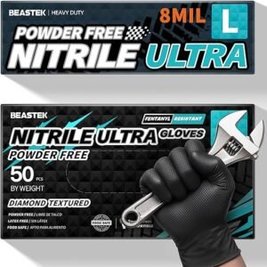 Beastek Nitrile Disposable Gloves, 8Mil Latex & Powder Free Chemical Resistant Heavy Duty Food Safe Diamond Glove Black 50Pcs