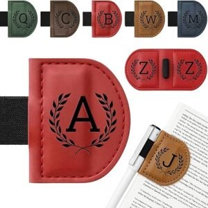 Personalized Bygone Mark Bookmark with Pen Holder,Engraving Leather Magnetic Bookmarks Vintage 26 Letters Name Initials Text Book Marker Clips Gifts for Reading Book Lovers Women (Red, A)