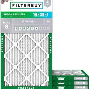 Filterbuy 16x25x1 Air Filter MERV 8 (MPR 700) Dust Defense Replacement (4-Pack), Electrostatic Pleated HVAC AC Furnace Filters, Made in USA (Actual Size: 15.50 x 24.50 x 0.75)