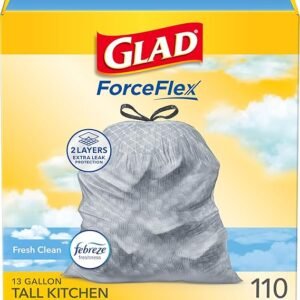 Glad Tall Kitchen Drawstring Trash Bags - Odorshield 13 Gallon White Trash Bag, Febreze Fresh Clean, 110 Count