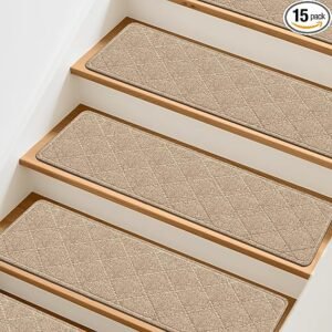 Stair Treads Non-Slip for Wooden Steps, 15Pack - 8" x 30" Edging Stair Runner Indoor for Kids Elders & Pets, Washable Carpet Stair Treads with Peel & Stick Reusable TPE Backing, Beige