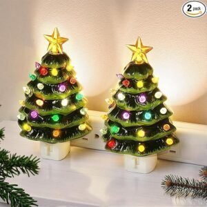 Brightever Ceramic Christmas Tree Night Lights, 2-Pack Plug-in 6" H Vintage Christmas Wall Decor with Multicolor LED Bulbs, 360 Swivel Plug, On/Off Switch, Xmas Tree Nightlight for Bathroom, Bedroom