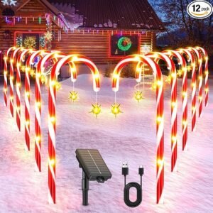 12 Pack Christmas Decorations Outdoor Solar Candy Cane Lights, Solar Christmas Pathway Lights with USB Charge, 10 Modes 72 LEDs Waterproof Outdoor Christmas Decorations for Garden Yard Pathway