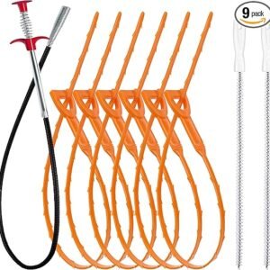35.5inch Drain Clog Remover(1pcs), 25inch Drain Snake Hair Remover(6pcs) ＆ Cleaning Brush(2pcs), Hair Catcher Drain Auger Cleaner Tool Set For Toilet, Kitchen Sink, Bathroom Tub, Sewer, 9 Pack