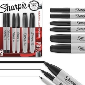 Sharpie Permanent Markers Variety Pack, Includes Chisel, Fine, and Ultra-Fine Tips, Marker Set, Writing, Coloring, Poster, Office, School Supplies, Black, 6 Count