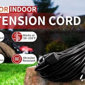 16/3 25 FT Outdoor Extension Cord Waterproof, Weatherproof & Flame Retardant Black 3 Prong Power Cord Outside for Lawn & Garden, 13 Amps 1625 Watts 125 VAC 16AWG SJTW, ETL Listed